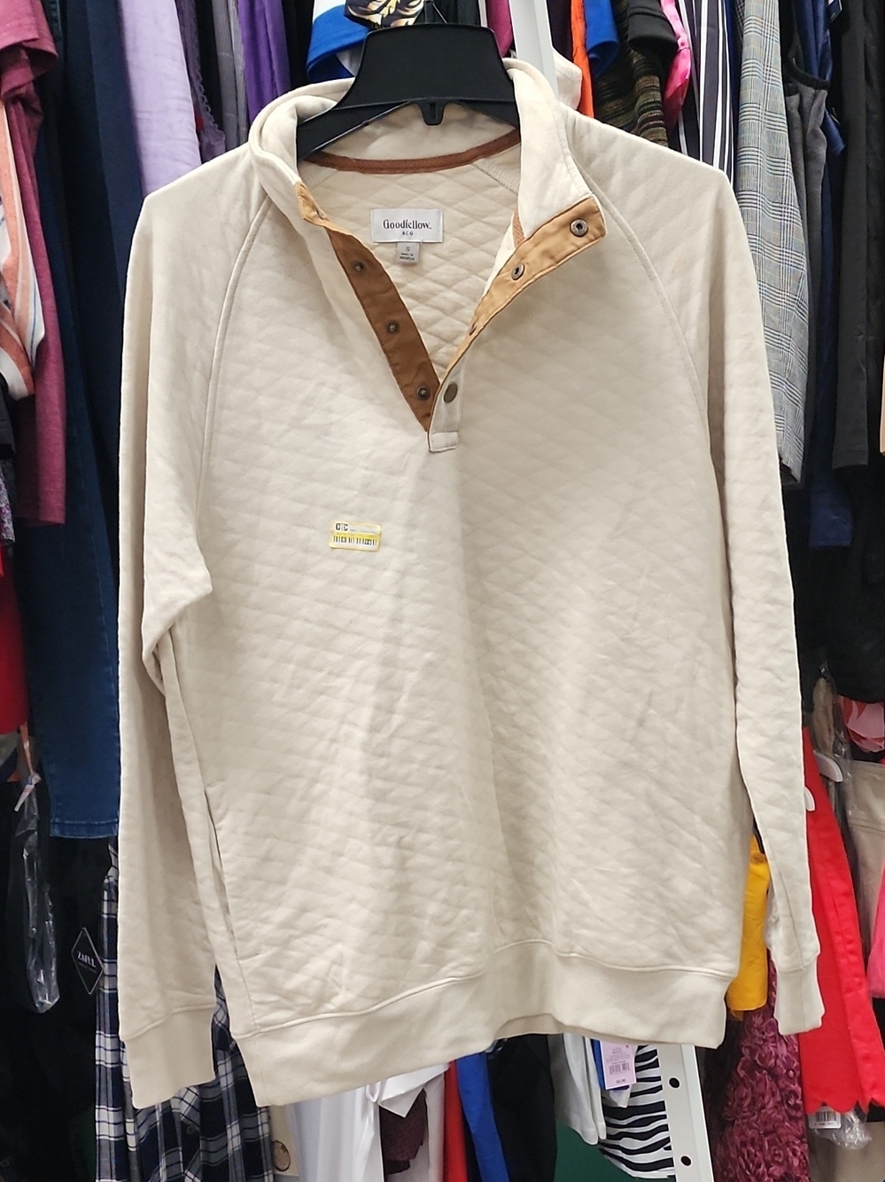 Goodfellow & Co Cream Quilted Snap-Front Crewneck Sweater with Tan Trim